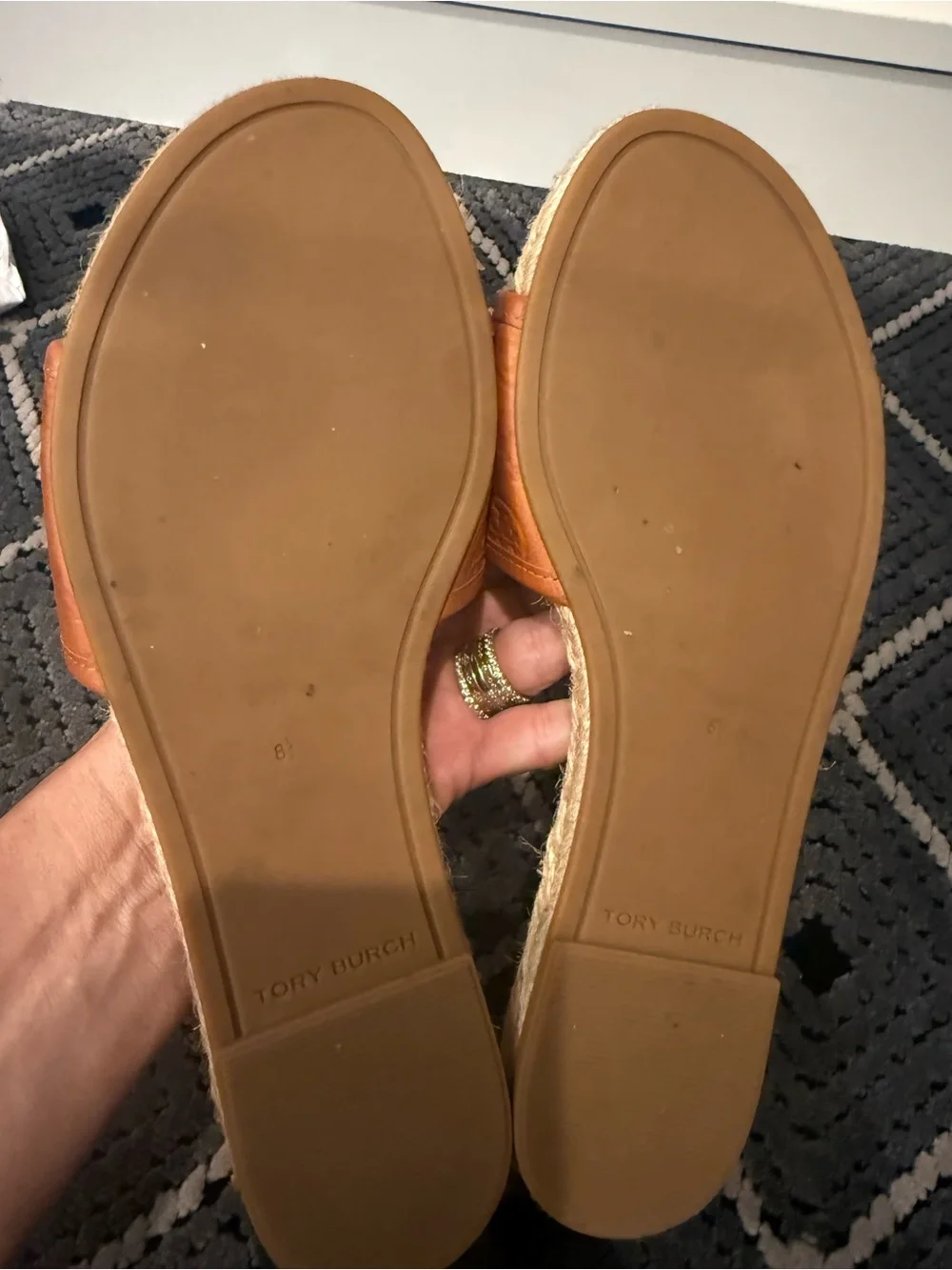 Tory Burch Tan Embossed Leather Slide Sandals with Rope Footbed